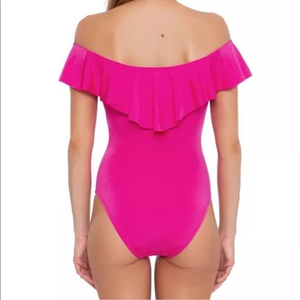 SOLD Trina Turk Pink Monaco Solids Off The Shoulder Ruffle One Piece Swimsuit - Picture 13 of 15